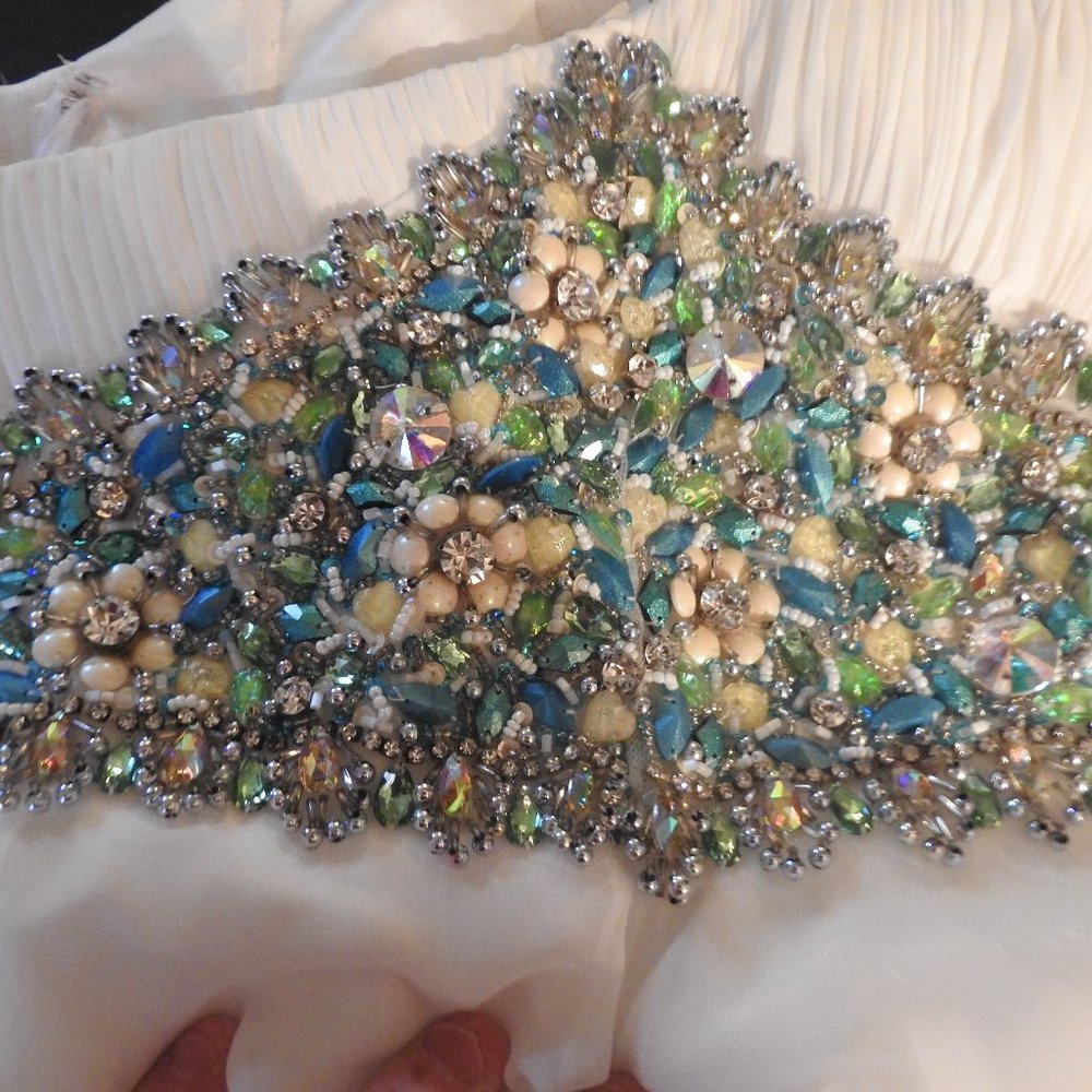White Sherri Hill Jewel Encrusted Gown teal silver - Picture 9 of 15